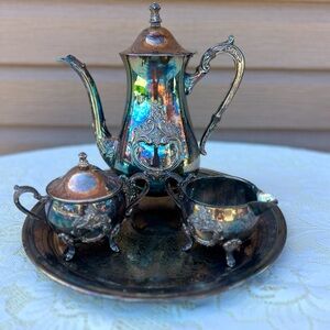 Vintage Silver-Plated Tea Set with Tray – Ornate Victorian Style – 4-Piece